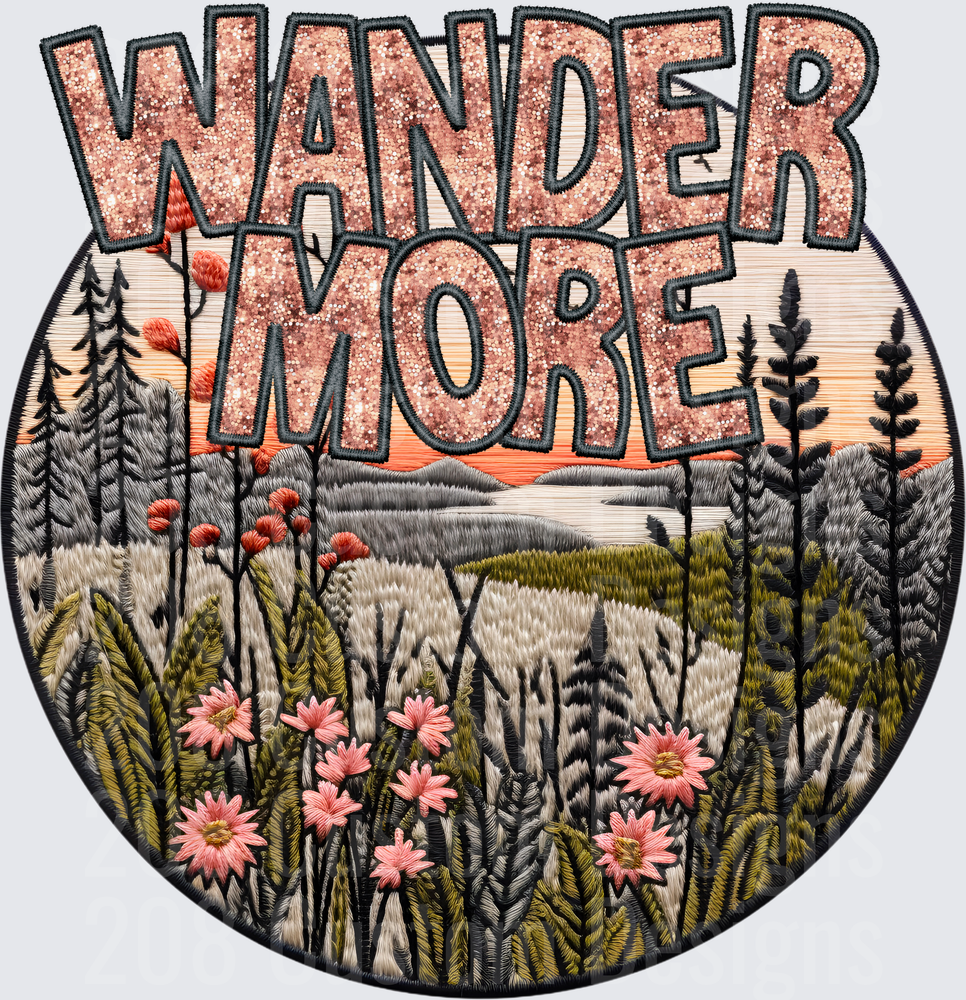 Wander More Embroidered Mountain Landscape with Wildflowers