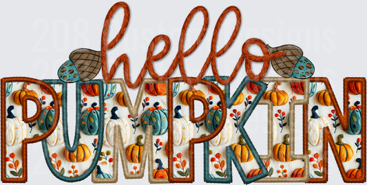 Hello Pumpkin Fall Autumn Harvest Embroidered Letters