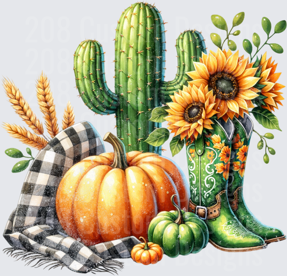Fall Western Autumn Arrangement with Cactus Cowboy Boots Pumpkins Sunflowers Buffalo Plaid Scarf and Wheat