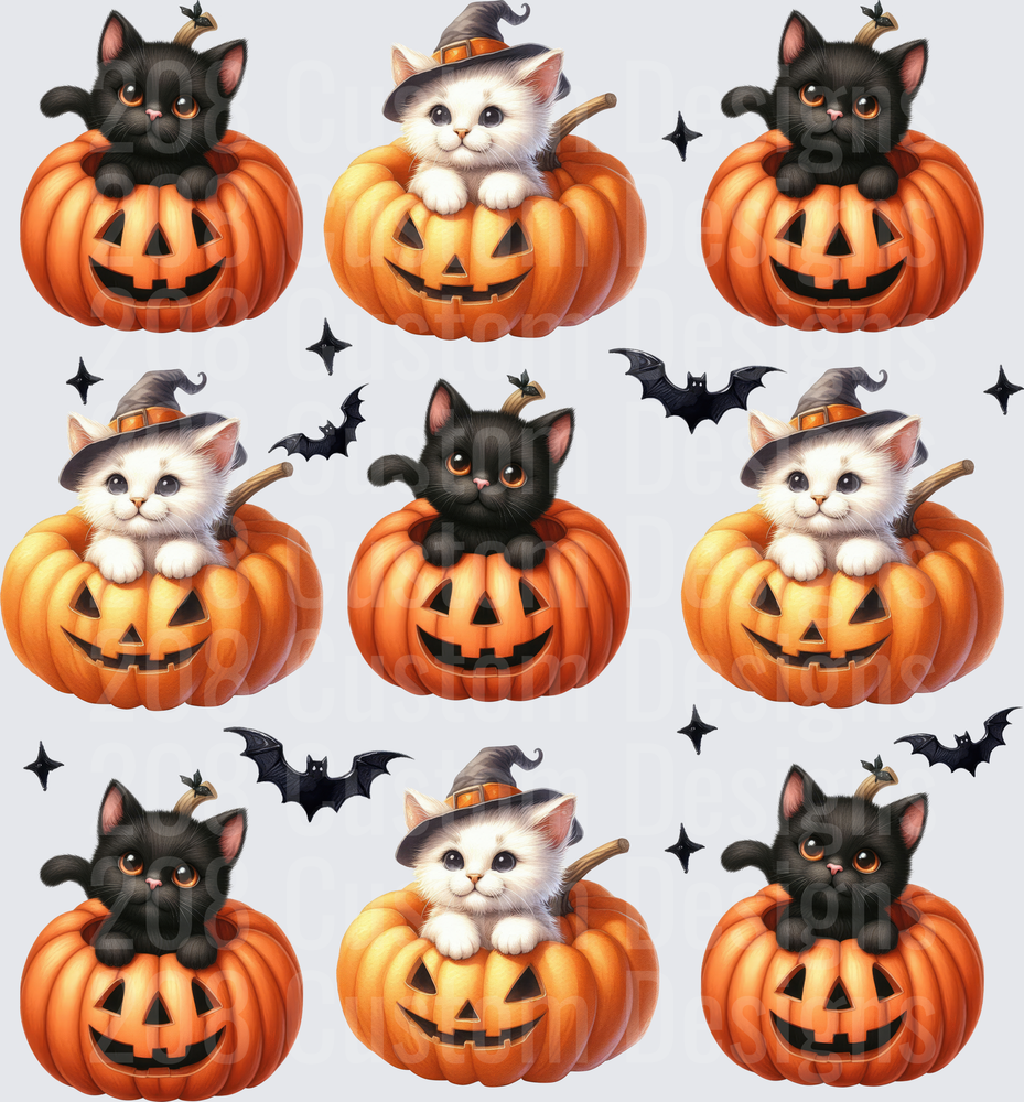 Cute Halloween Kittens in Jack-O-Lanterns with Bats