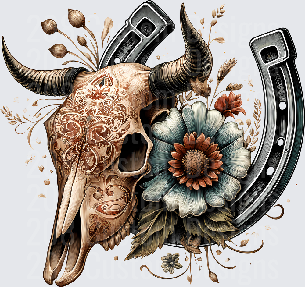 Ornate Bull Skull with Horseshoes and Wildflowers Western Design