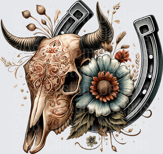 Ornate Bull Skull with Horseshoes and Wildflowers Western Design