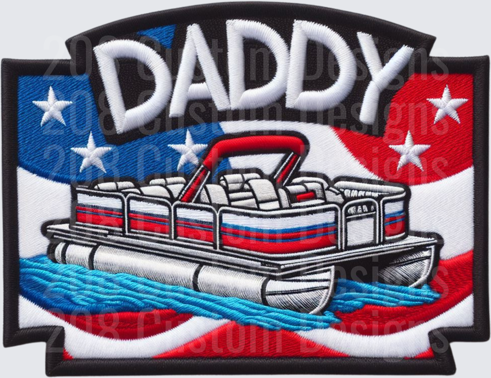 Daddy Pontoon Boat Patriotic Red White Blue Stars Embroidered