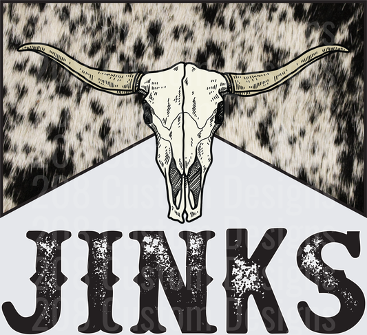 Bull Skull with Horns JINKS Text Leopard Print Background
