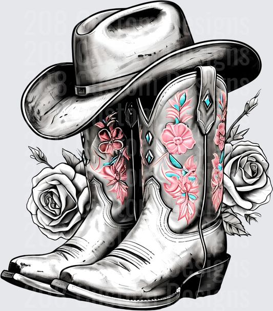 Vintage Cowboy Boots and Hat with Pink Floral Embroidery and Roses