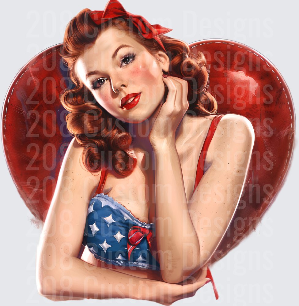 Pin-Up Girl with Victory Rolls Red Heart American Flag Top