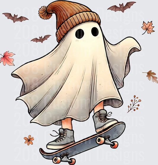 Cute Ghost Skateboarder in Beanie Hat Fall Halloween