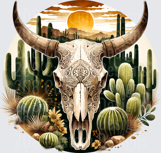 Ornate Bull Skull with Desert Cacti and Sunset Landscape