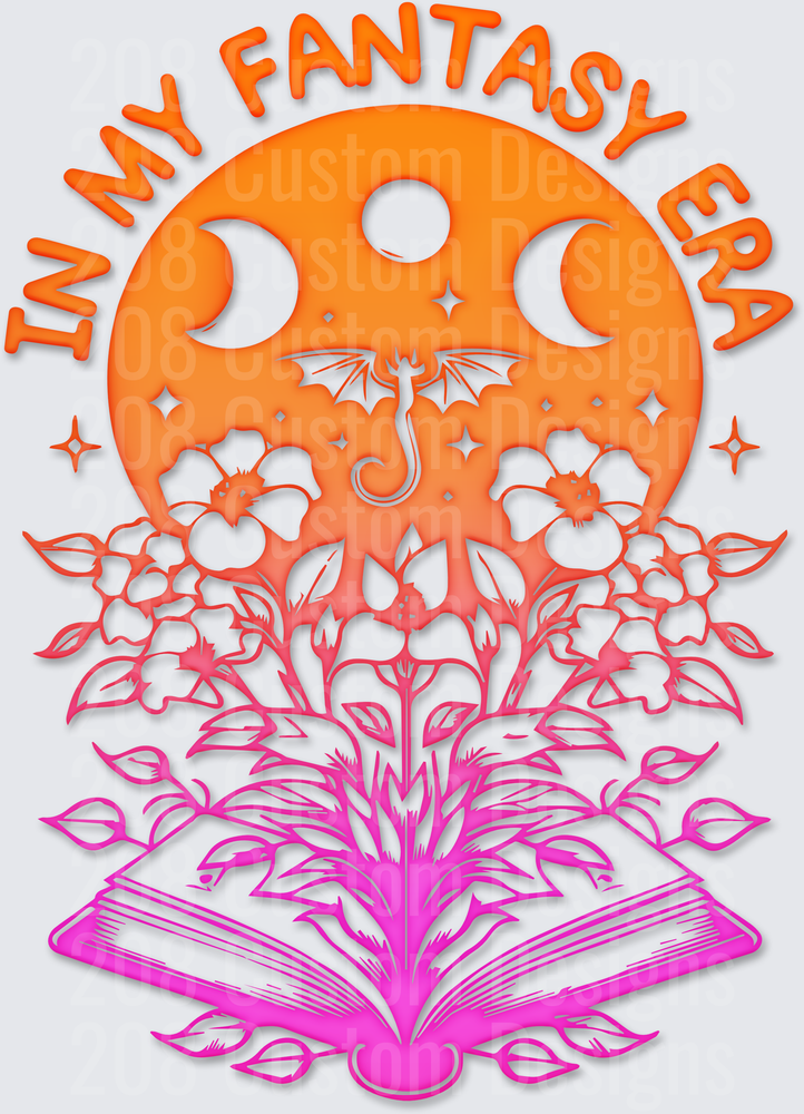 In My Fantasy Era Orange Moon Dragon Open Book Floral Design