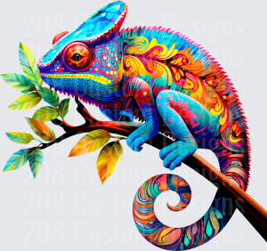Vibrant Rainbow Chameleon on Branch with Colorful Leaves