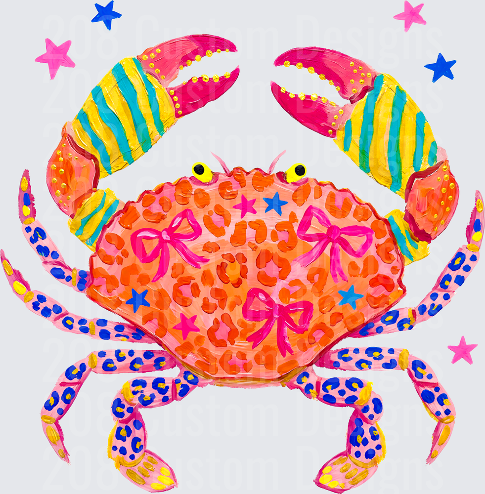 Colorful Crab with Pink Bows Leopard Print and Stars