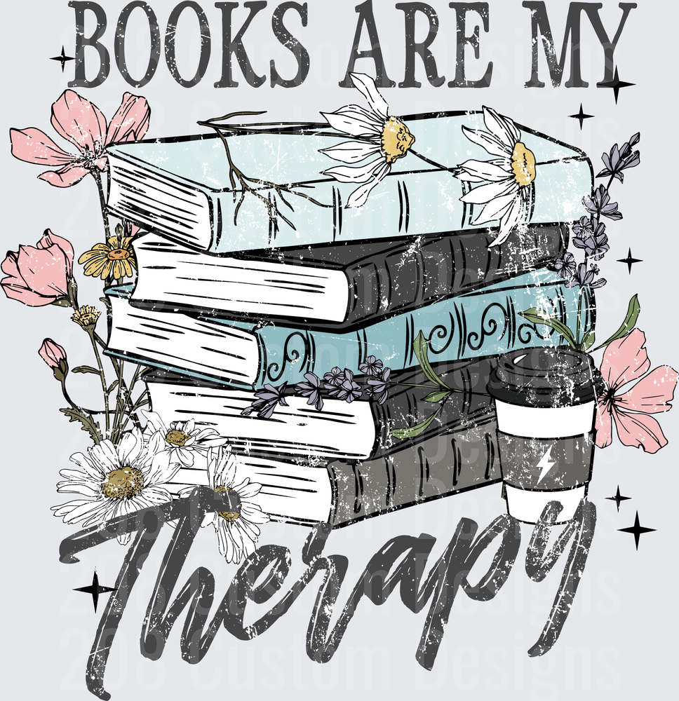 Books Are My Therapy Floral Stack Reading Quote Design