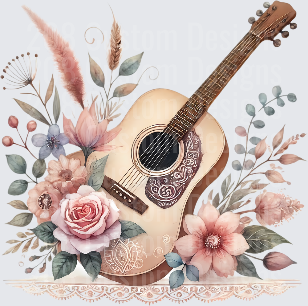 Watercolor Acoustic Guitar with Boho Floral Arrangement