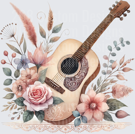 Watercolor Acoustic Guitar with Boho Floral Arrangement