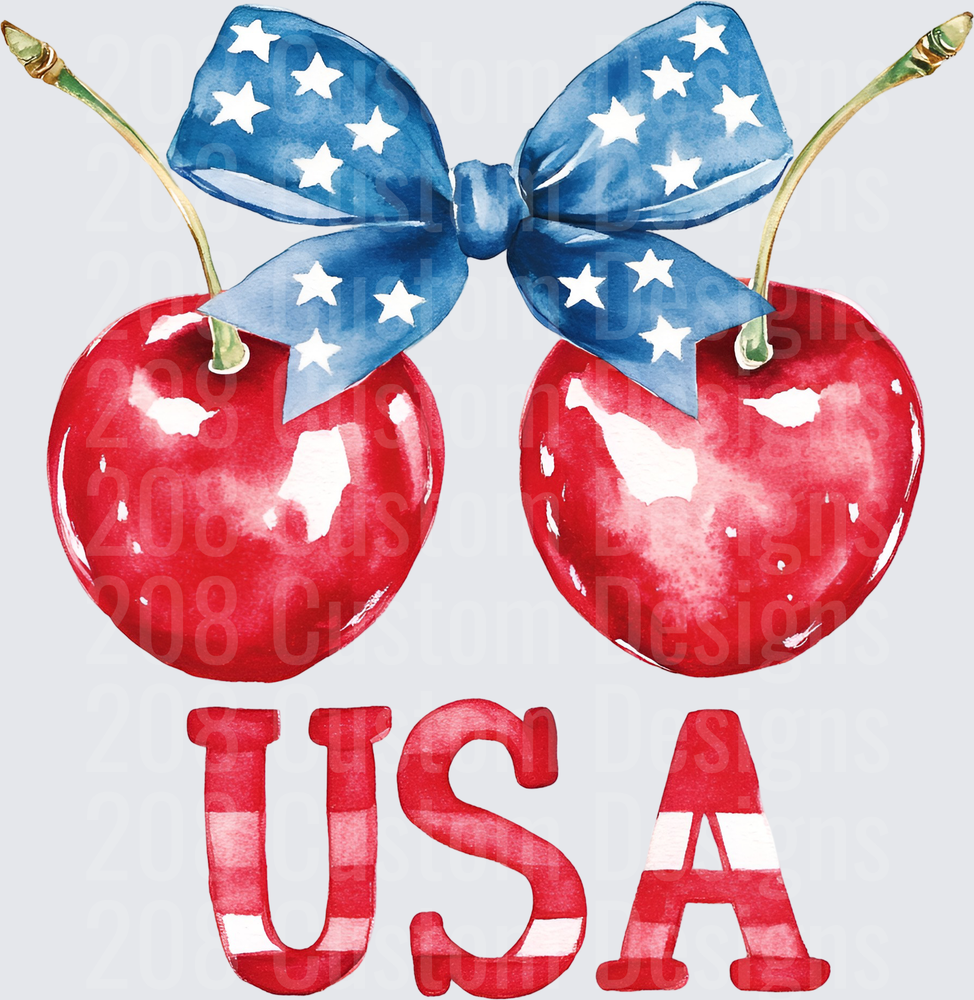 Watercolor Cherries with USA Flag Bow and Text