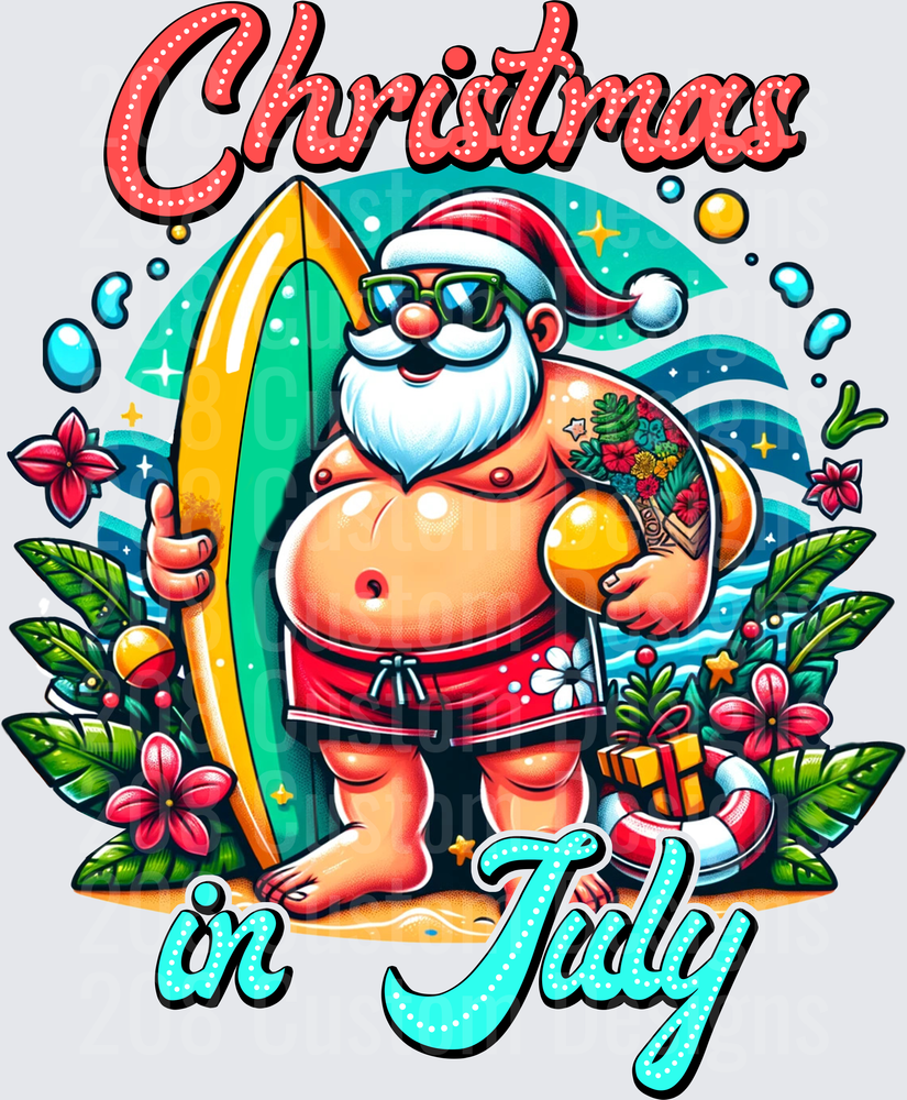Christmas in July Surfer Santa with Tropical Beach Scene