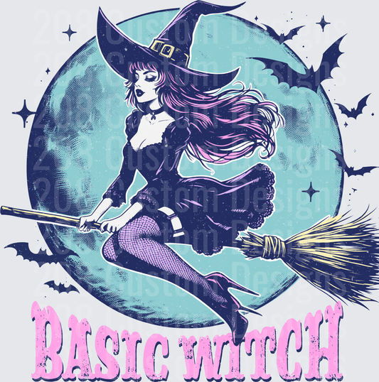 Basic Witch Pink Hair Broomstick Full Moon Bats Halloween