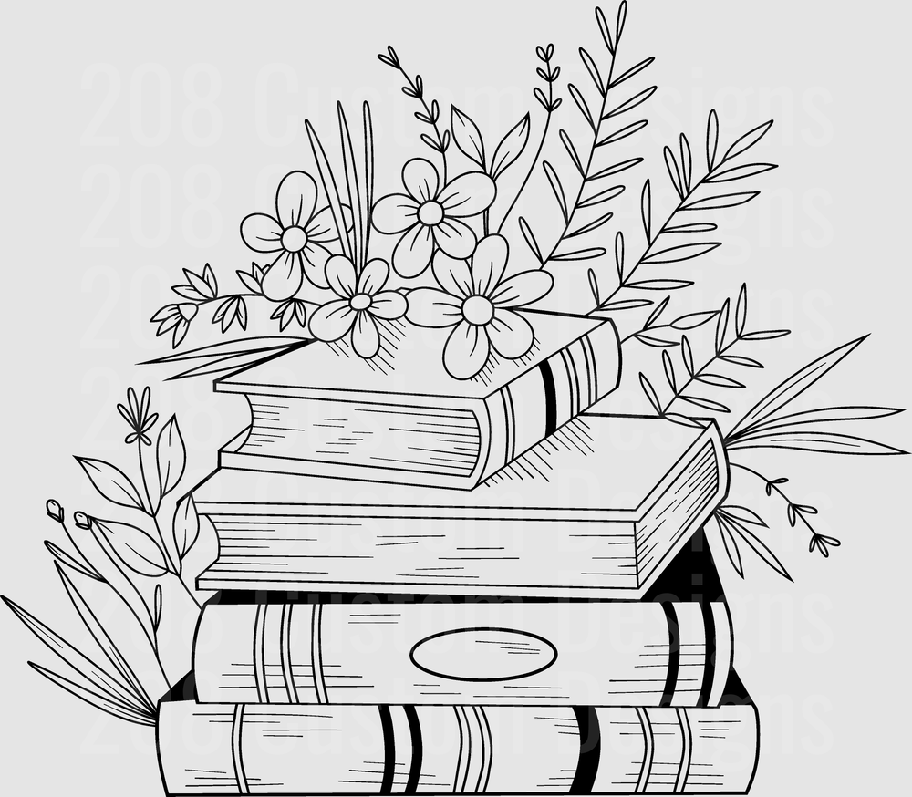 Stack of Books with Botanical Flowers and Leaves Line Art