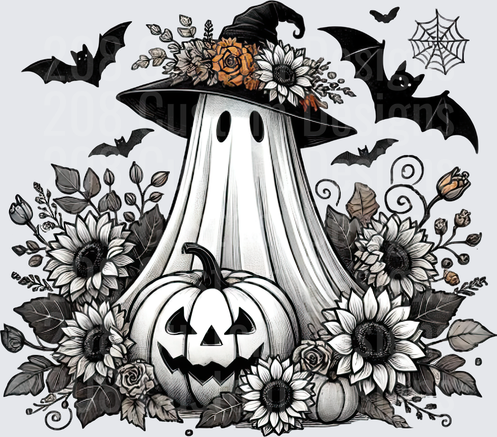 Boho Ghost Witch Hat Jack-O-Lantern Sunflowers Bats Halloween
