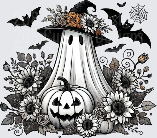 Boho Ghost Witch Hat Jack-O-Lantern Sunflowers Bats Halloween