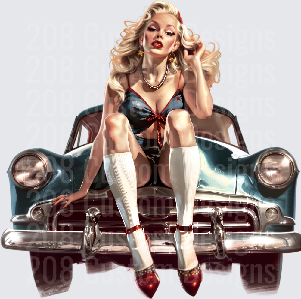 Vintage Pin-Up Girl with Classic 1950s Car Rockabilly Design