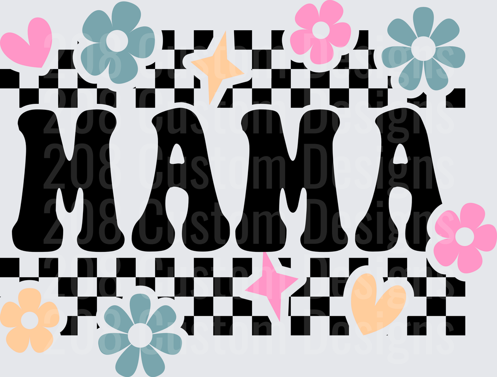 MAMA Black and White Checkered Pattern with Colorful Flowers Hearts and Stars