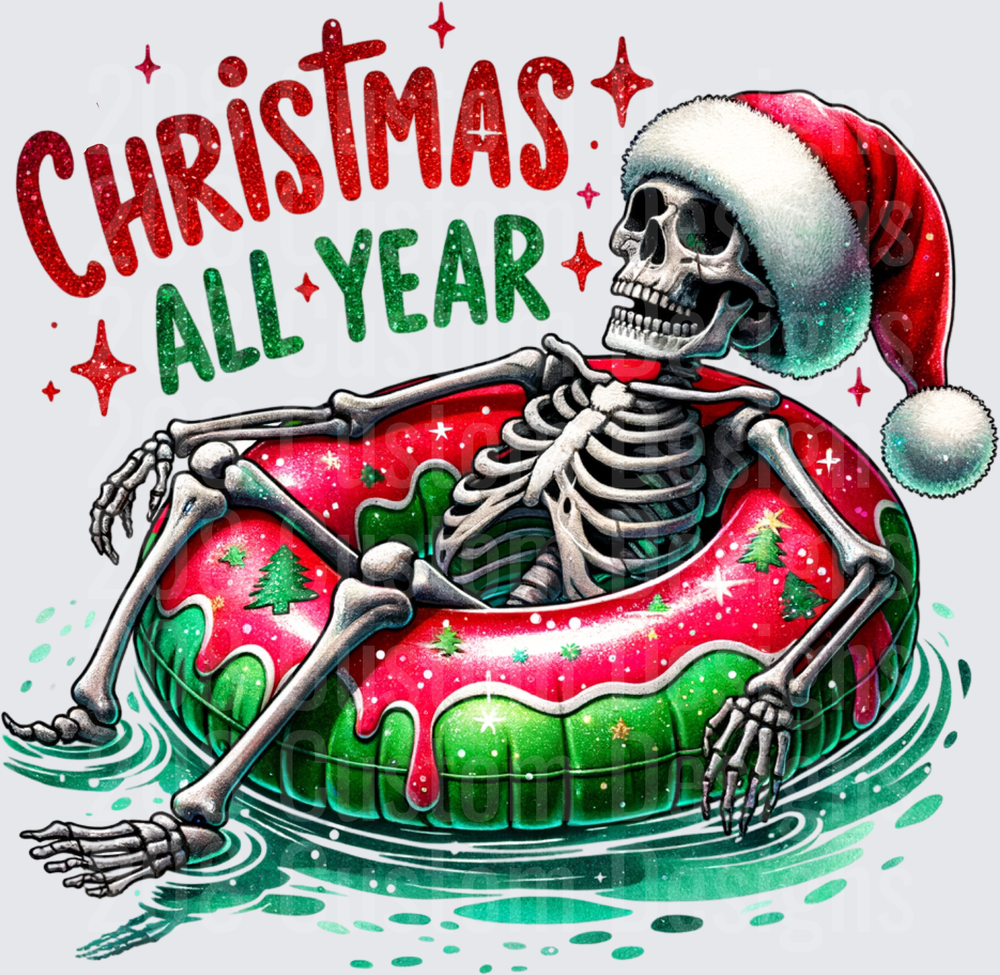 Christmas All Year Skeleton in Santa Hat on Pool Float