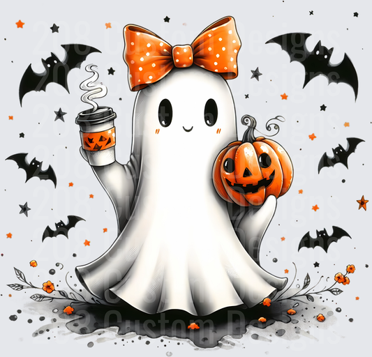 Cute Halloween Ghost with Coffee Cup Jack-o-Lantern Bats Bow