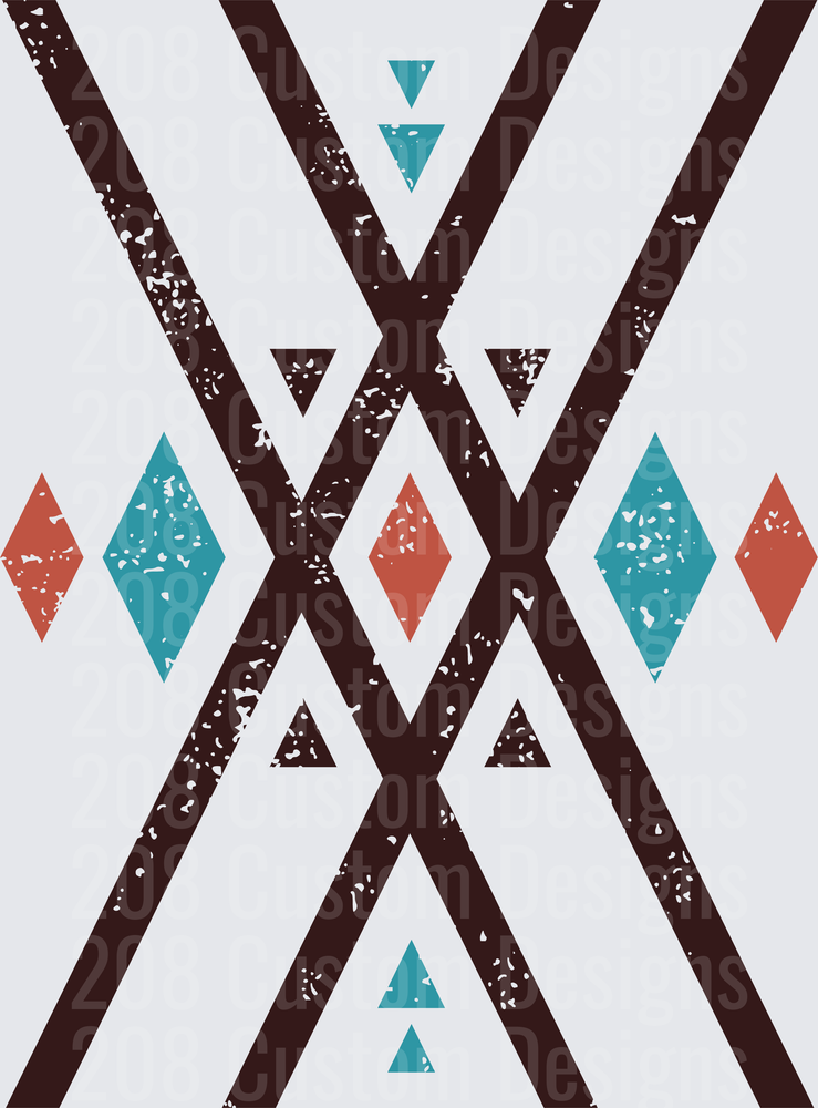 Distressed Tribal Geometric Pattern with Intersecting Lines and Colorful Diamonds