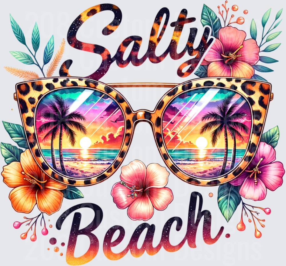 Salty Beach Leopard Print Sunglasses with Tropical Sunset and Hibiscus Flowers