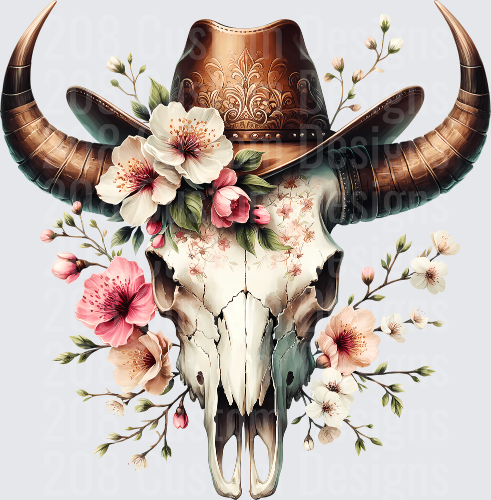 Bull Skull with Cowboy Hat and Pink Hibiscus Flowers
