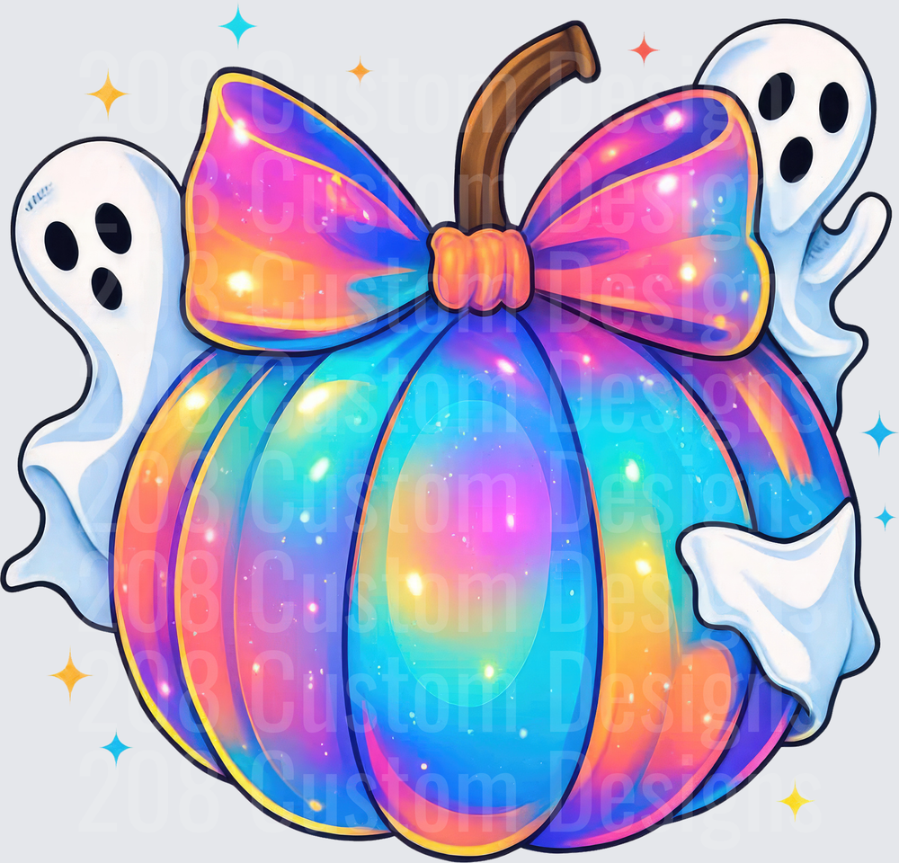 Holographic Rainbow Pumpkin with Bow and Ghosts Halloween