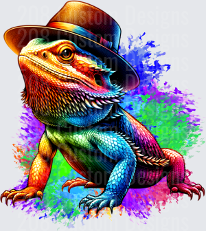 Bearded Dragon Wearing Top Hat with Colorful Paint Splashes