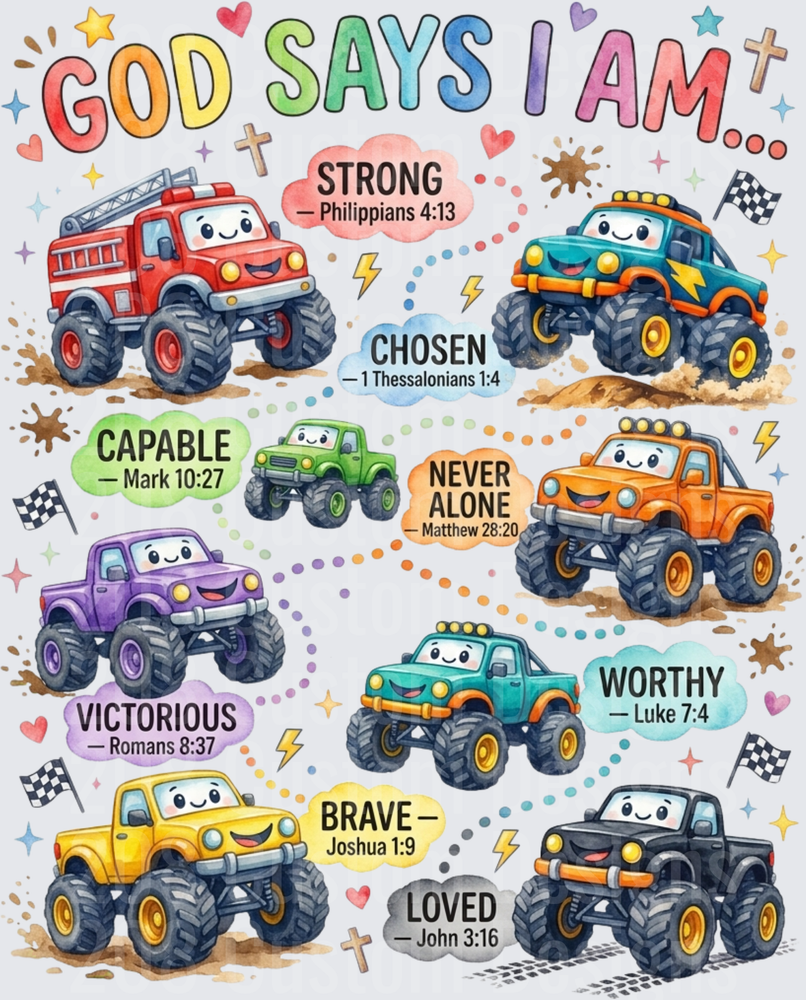 God Says I Am Monster Trucks Kids Christian Bible Verse