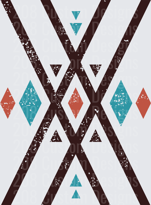 Distressed Tribal Geometric Pattern with Intersecting Lines and Colorful Diamond Shapes