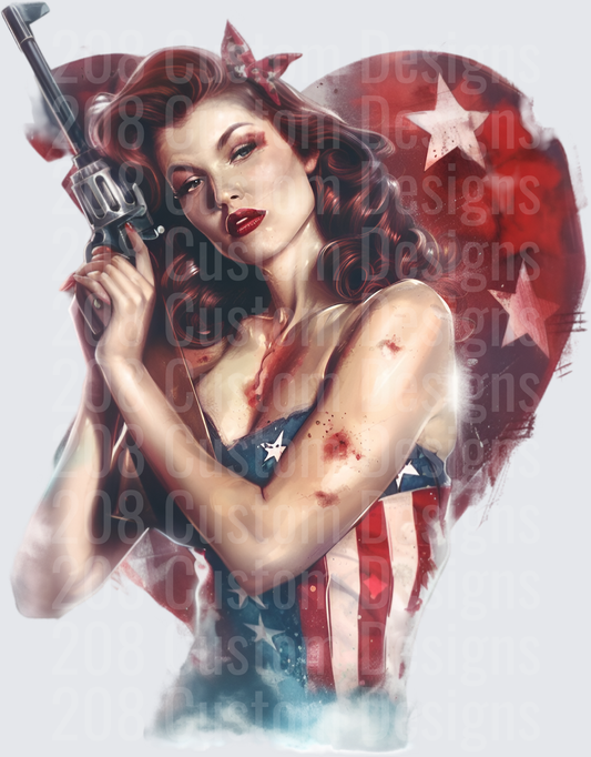 Pin-Up Girl with Revolver and American Flag Background