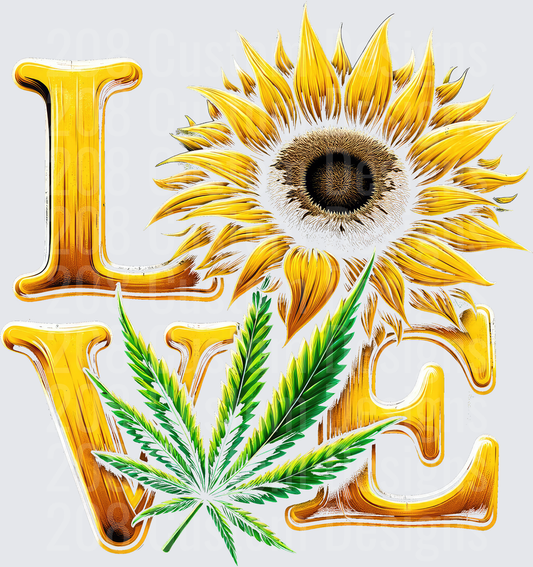 LOVE Sunflower Cannabis Leaf Golden Typography Design