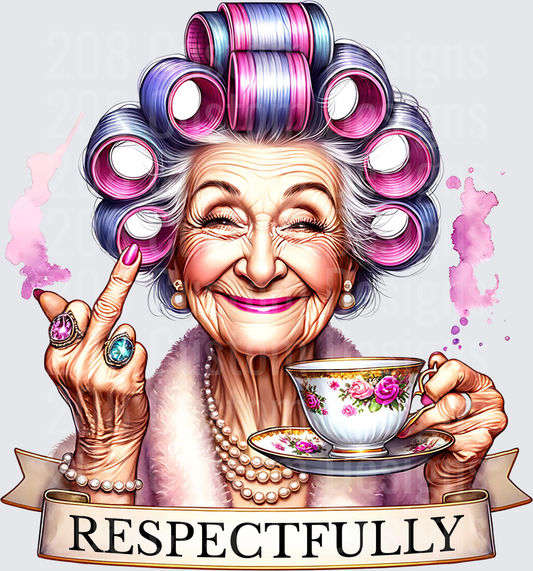 Sassy Elderly Woman in Curlers Holding Teacup Respectfully Banner
