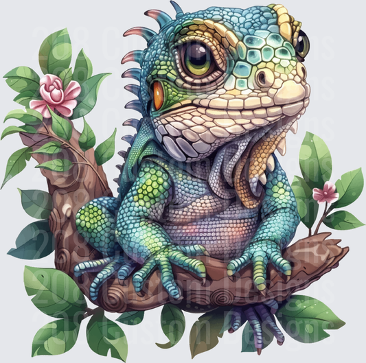 Cute Baby Iguana on Branch with Tropical Flowers