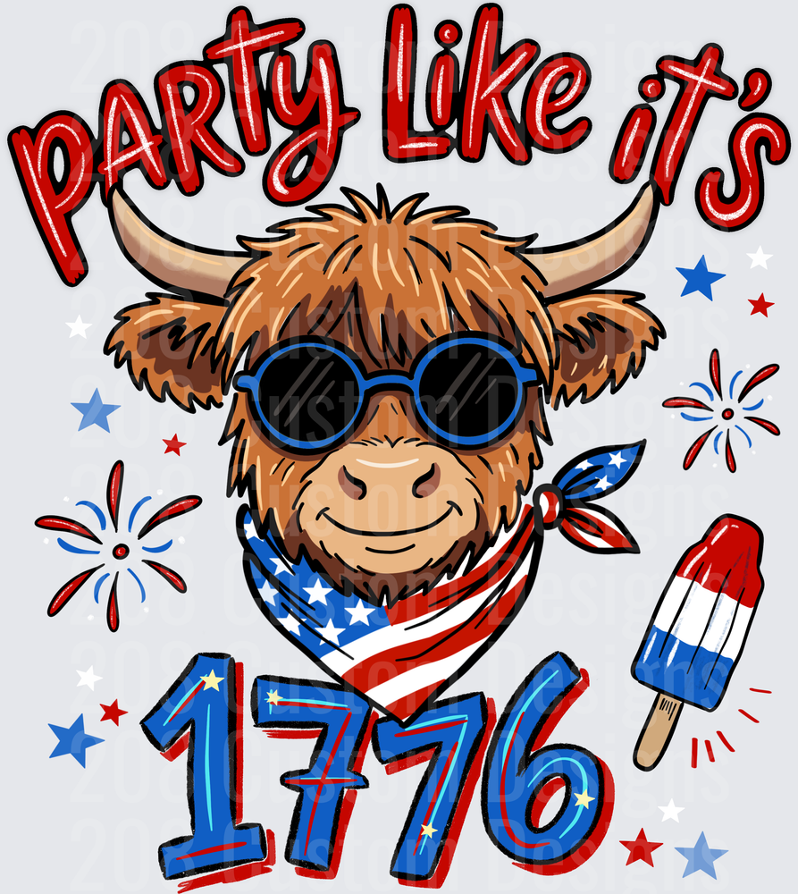 Party Like It's 1776 Highland Cow with American Flag Bandana