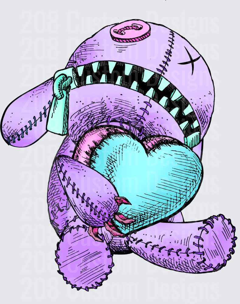 Purple Stitched Voodoo Doll Plush Holding Teal Heart