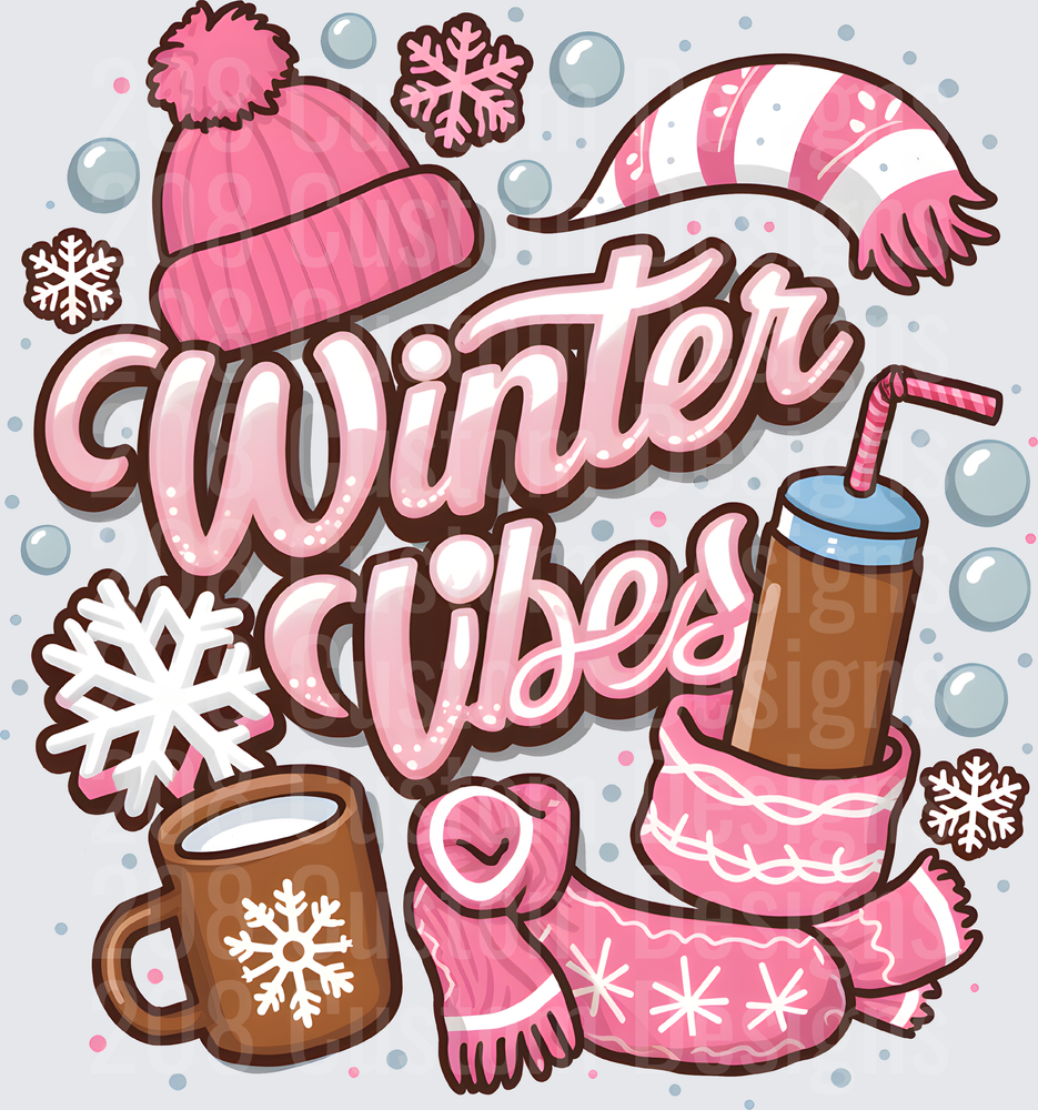 Winter Vibes Pink Holiday Scene with Scarf Hat and Hot Cocoa