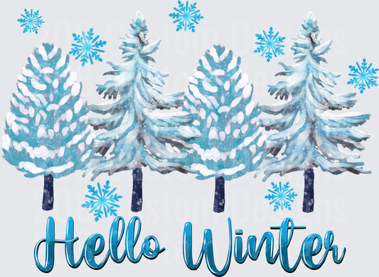 Hello Winter Snow-Covered Pine Trees with Blue Snowflakes