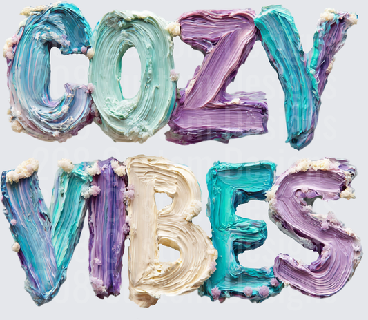 Cozy Vibes Paint Brush Typography with Teal Purple and Cream Colors