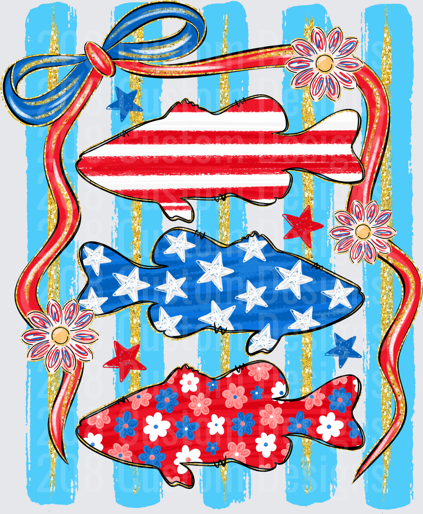 Patriotic Fish Stack with Red White Blue Stars Stripes and Ribbon