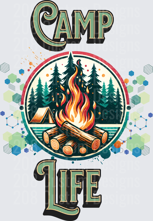 Camp Life Campfire Scene with Pine Trees and Tent