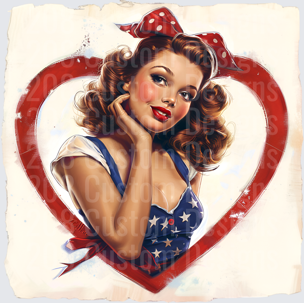 Patriotic Pin-Up Girl in Red Heart Frame with Polka Dot Bow