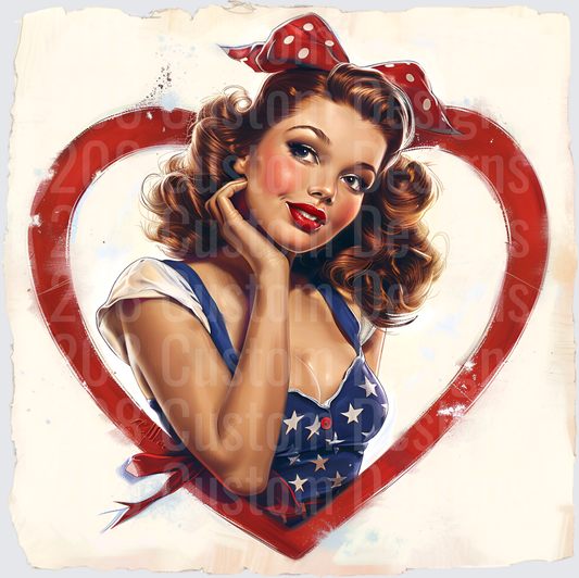 Patriotic Pin-Up Girl in Red Heart Frame with Polka Dot Bow