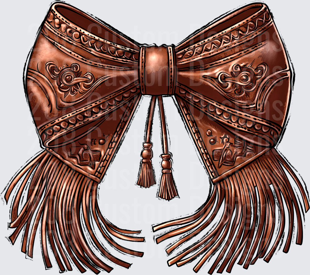 Ornate Western Leather Bow with Fringe and Tooled Details