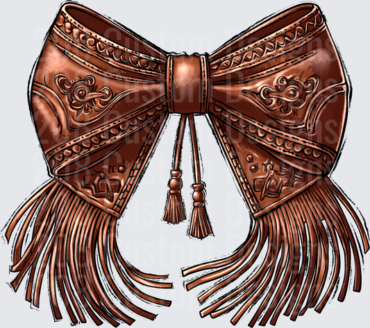 Ornate Western Leather Bow with Fringe and Tooled Details